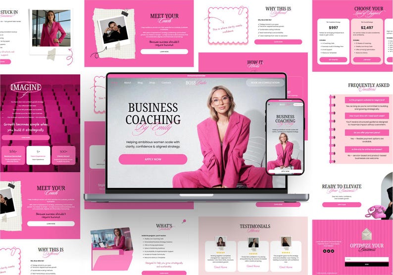 WordPress sales page template sections for digital products and coaching programs. Editorial style layout with sections for introduction, program details, and pricing in a luxury pink and white aesthetic.