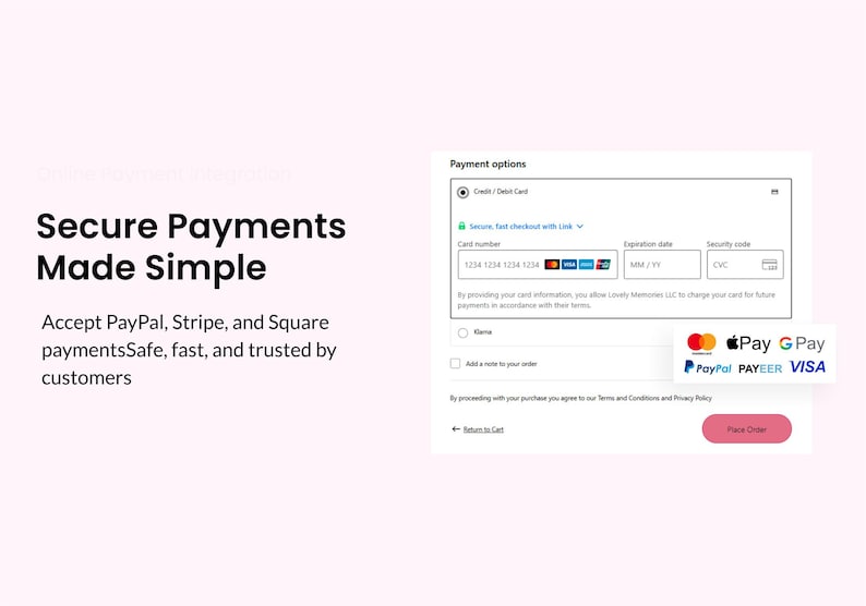 May include: Image promoting secure online payments. The text reads "Secure Payments Made Simple" and lists PayPal, Stripe, and Square as payment options. A credit card form is displayed, along with payment logos.