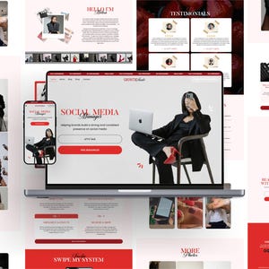 Könnte beinhalten: Ein Website-Design in Rot und Weiß mit dem Text "SOCIAL MEDIA Manager". Das Design umfasst einen Laptop und ein Smartphone, die die Website anzeigen, sowie zusätzliche Bilder und Text. Das Thema ist Business und Marketing.