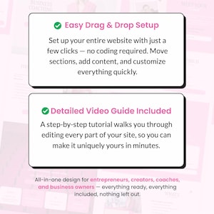 May include: A pink and white graphic with text describing website setup features. The text includes "Easy Drag & Drop Setup" and "Detailed Video Guide Included." The design is for entrepreneurs, creators, coaches, and business owners.