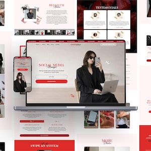 May include: A website design with a red and white color scheme, featuring a woman in a black suit using a laptop and smartphone. The text "SOCIAL MEDIA Manager" is visible, along with other website elements and photos.