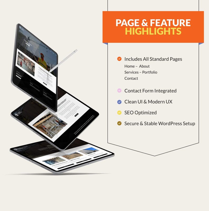 May include: Three digital tablets showing website designs, with a stylus above one. The image includes a banner that reads "PAGE & FEATURE HIGHLIGHTS" and lists features such as SEO optimisation and a secure WordPress setup.