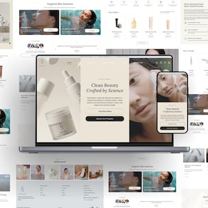 Puede incluir: Un ordenador portátil y un smartphone muestran un sitio web que promociona productos para el cuidado de la piel. El sitio web presenta imágenes de personas usando los productos, fotos de productos y el texto "Clean Beauty Crafted by Science."