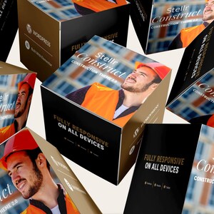 May include: Several boxes with a construction theme. Each box shows the text "Stellr Construct CONSTRUCTION THEME 2.0" and "FULLY RESPONSIVE ON ALL DEVICES". The boxes feature images of a construction worker.