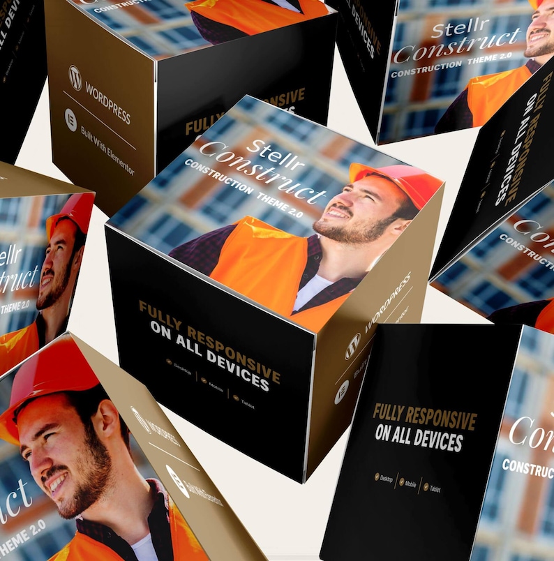 May include: Several boxes with a construction theme. Each box shows the text "Stellr Construct CONSTRUCTION THEME 2.0" and "FULLY RESPONSIVE ON ALL DEVICES". The boxes feature images of a construction worker.