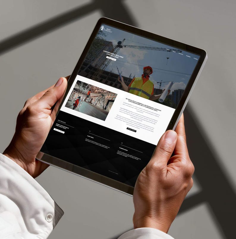 May include: A tablet showing a website for a carpentry and building contractor. The site includes images of construction sites and a construction worker in a hard hat and safety vest. The tablet is held by a person wearing a white shirt.