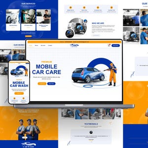 Puede incluir: Diseño web para un servicio de lavado de coches móvil, con un coche azul siendo lavado. El diseño incluye un portátil, un smartphone y varios diseños de páginas web con acentos azules y naranjas. El texto incluye "Premium Mobile Car Care".