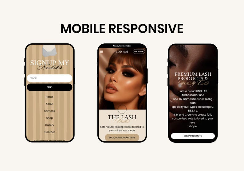 Professional lash service menu and pricing table on Elementor WordPress theme, clean aesthetic for eyelash technicians.