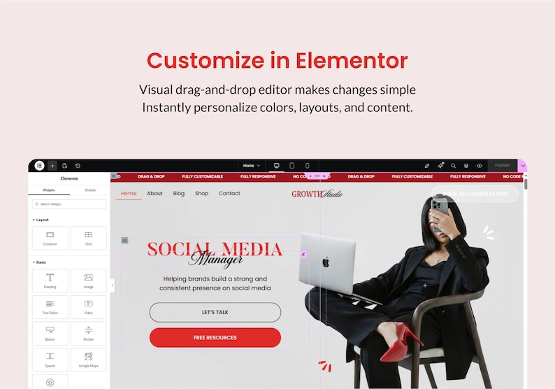 Elementor website template with ecommerce, blog, and booking functionality for coaches and consultants