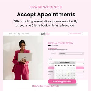 May include: A website interface with the text "Accept Appointments" and "Book an Appointment". A person in a pink suit is holding a laptop. The interface shows a calendar for January 2026. The website is for booking consultations.