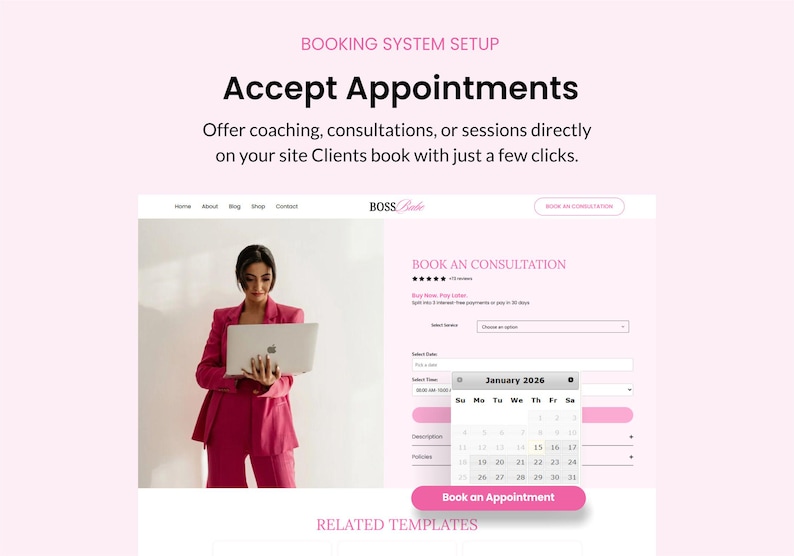 May include: A website interface with the text "Accept Appointments" and "Book an Appointment". A person in a pink suit is holding a laptop. The interface shows a calendar for January 2026. The website is for booking consultations.