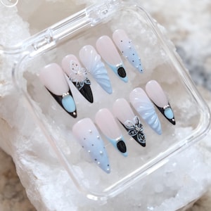 Blue and Black French Tips | 3D Carved Flower Press On Nails  | Long Nails | Elegant Almond Nails | Luxury Chic Design | Handmade Nail Art