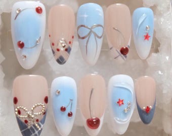 Cherry Bow Press On Nails | Blue Ombre Plaid Fake Nails with Rhinestones, Stars, and Cute 3D Charms | Kawaii Girl Nail Set | Y2K Style Nails