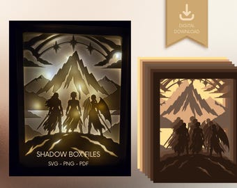 Caja de luz con sombras de valquiria inspirada en ACOTAR (archivo SVG) / Recorte de papel de montaña fantástica (descarga digital)