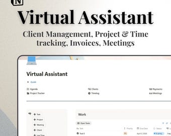 Virtual Assistant Notion Template | CRM, Tasks, Projects, Meetings, Timelog & Invoices (EN,FR)