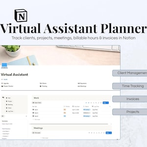 Könnte beinhalten: Eine digitale Planer-Oberfläche namens "Virtual Assistant Planner" in Notion. Der Planer verfolgt Kunden, Projekte, Meetings, abrechenbare Stunden und Rechnungen. Funktionen umfassen Kundenmanagement, Zeiterfassung, Rechnungen und Projekte.
