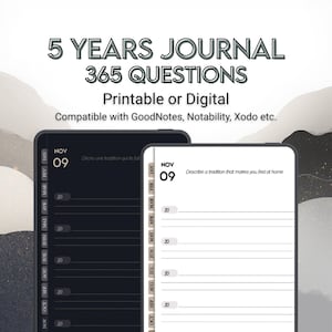 Op de afbeelding: Digitaal dagboek met de tekst "5 YEARS JOURNAL 365 QUESTIONS". Het dagboek is compatibel met GoodNotes, Notability en Xodo. Het dagboek heeft een zwart-wit thema met een dagelijkse prompt.