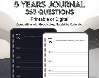 Digital 5-Year Journal Printable PDF 365 Self-Reflection Prompts