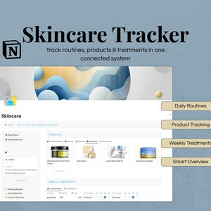May include: A digital skincare tracker interface with the title "Skincare Tracker" and the text "Track routines, products & treatments in one connected system." The interface includes sections for daily routines, product tracking, weekly treatments, and a smart overview.