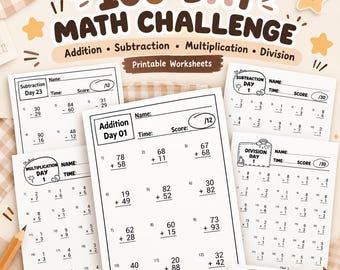 Défi mathématique de 100 jours : feuilles de travail, plus de 400 pages, addition, soustraction, multiplication, division (téléchargement numérique)