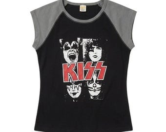 KISS Band Graphic Muscle Tee Black Grey Raglan Sleeveless Rock T-Shirt Small