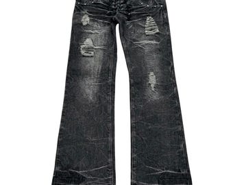 Mens Black Distressed Lace Up Front Flared Jeans Studded Punk Gothic Denim