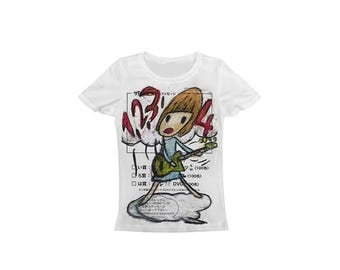 Womens White Graphic Tee Anime Guitar Girl Japanese Text Slim Fit Small