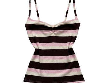 Vintage Striped Camisole Tank Top Brown Pink Cream Y2K Ribbed Sweetheart Cami