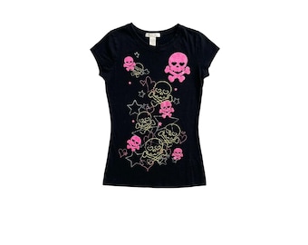 Y2K Glitter Skull Crossbones Graphic Baby Tee Black Pink Punk Emo Scene Top