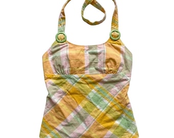 Vintage Style Plaid Halter Top Yellow Pink Green Ring Detail Summer Tank Small