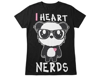 I Heart Nerds Panda Graphic Tee Black Short Sleeve Crewneck Shirt