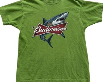 Budweiser Shark Graphic T-Shirt Green Gildan Cotton Short Sleeve Crewneck Tee