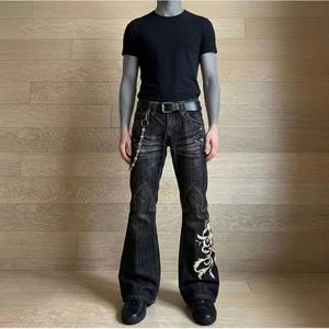 Vintage Y2K Flared Jeans Mens Dark Wash Embroidered Bell Bottoms Skull Chain image 3