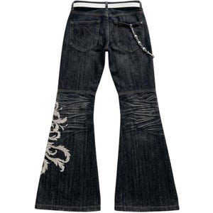 Vintage Y2K Flared Jeans Mens Dark Wash Embroidered Bell Bottoms Skull Chain image 2