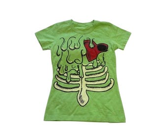 Lime Green Graphic Tee Melting Brain Heart Ribcage Skeleton Shirt Small