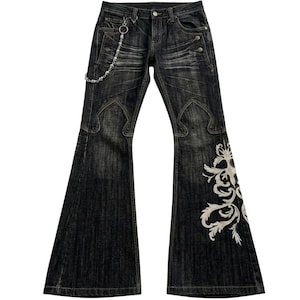 Vintage Y2K Flared Jeans Mens Dark Wash Embroidered Bell Bottoms Skull Chain image 1