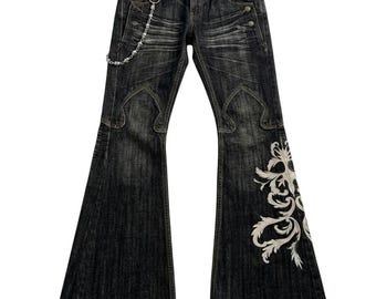Vintage Y2K Flared Jeans Mens Dark Wash Embroidered Bell Bottoms Skull Chain
