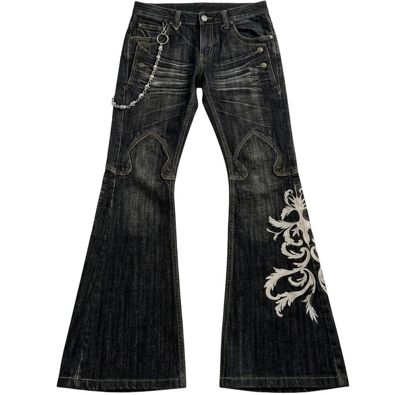 Vintage Y2K Flared Jeans Mens Dark Wash Embroidered Bell Bottoms Skull Chain image 1