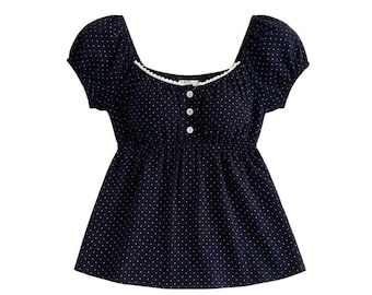 Navy Blue Polka Dot Smocked Empire Waist Peplum Blouse Square Neck Puff Sleeve