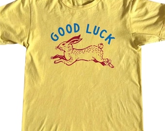 Gildan Good Luck Rabbit Graphic T-Shirt Yellow Cotton Unisex Small Short Sleeve