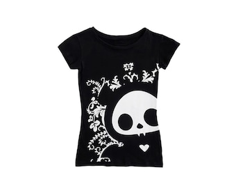 Womens Black Skull Graphic Tee Floral Filigree Short Sleeve