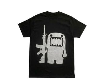 Domo Kun Rifle Graphic Tee Black Silver Y2K Streetwear Emo Alt T-Shirt Womens