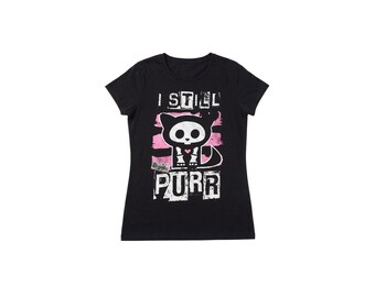 I Still Purr Skeleton Cat Graphic Tee Black Pink Short Sleeve T-Shirt Womens