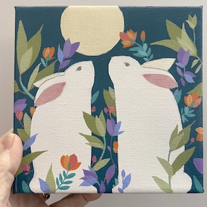 Rabbits, a 6 x 6 inch Painting on Canvas , small painting, Art, original artwork, home decor, wall art