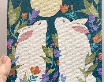Rabbits, a 6 x 6 inch Painting on Canvas , small painting, Art, original artwork, home decor, wall art
