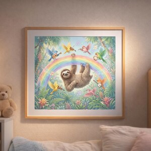 May include: A framed art print featuring a whimsical illustration of a sloth hanging upside down under a rainbow. Colorful birds play musical instruments around the sloth. The artwork is set in a lush, tropical environment.