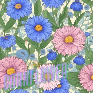 Carta digitale floreale con fiordaliso, formato A5 e US Letter, copertina stampabile JPG con fiori di campo blu e rosa a 300 DPI per diario e agenda