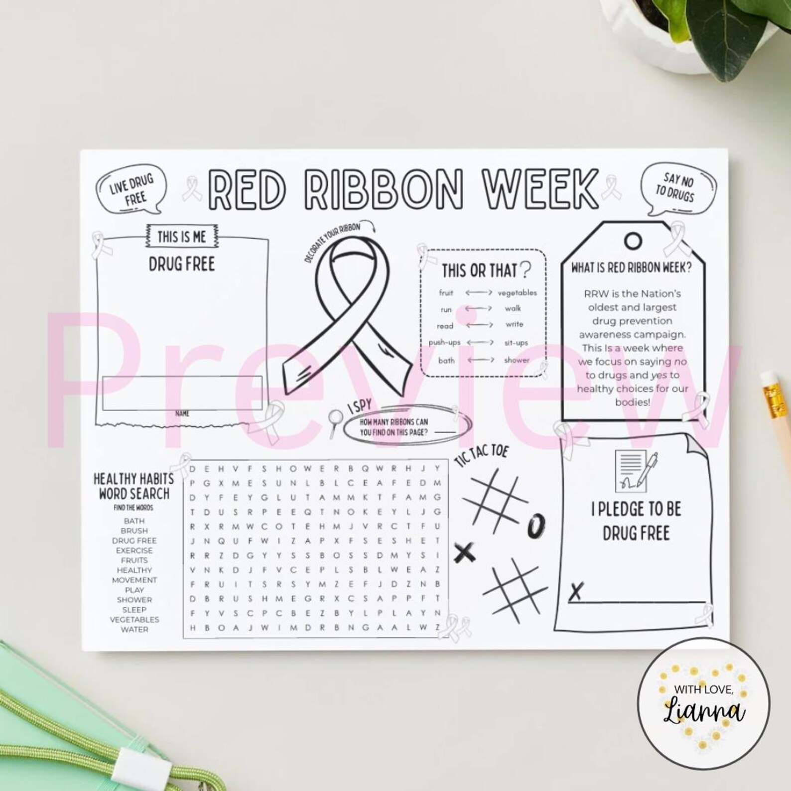 Red Ribbon Week Activity Sheets: Elementary Student Printable (PDF ...