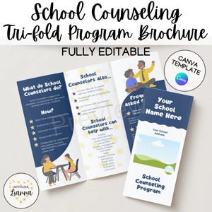 Könnte beinhalten: Eine dreifach gefaltete Broschüre mit dem Titel "Schulberatungsprogramm Broschüre" mit blauem und weißem Design. Die Broschüre enthält Informationen darüber, was Schulberater tun, wie sie helfen und häufig gestellte Fragen. Vollständig editierbar.