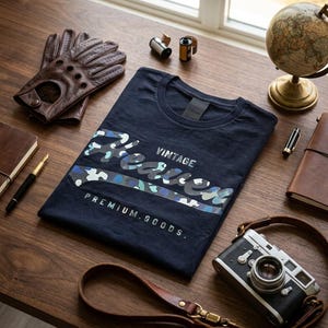 May include: A navy blue t-shirt featuring the text "VINTAGE" and "PREMIUM.GOODS." with the word "Heaven" printed in a blue and grey camouflage pattern across the center. The shirt is displayed alongside leather gloves, a camera, and a globe.